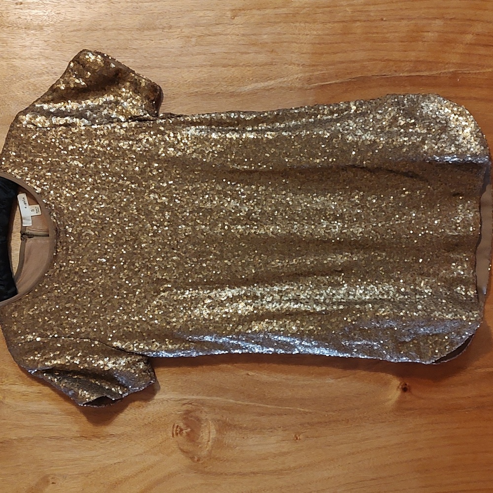 ✨ A.gain Gold Sequined Shirt Dress Tunic Top Cap Sleeve Crew Neck Lined Size S
